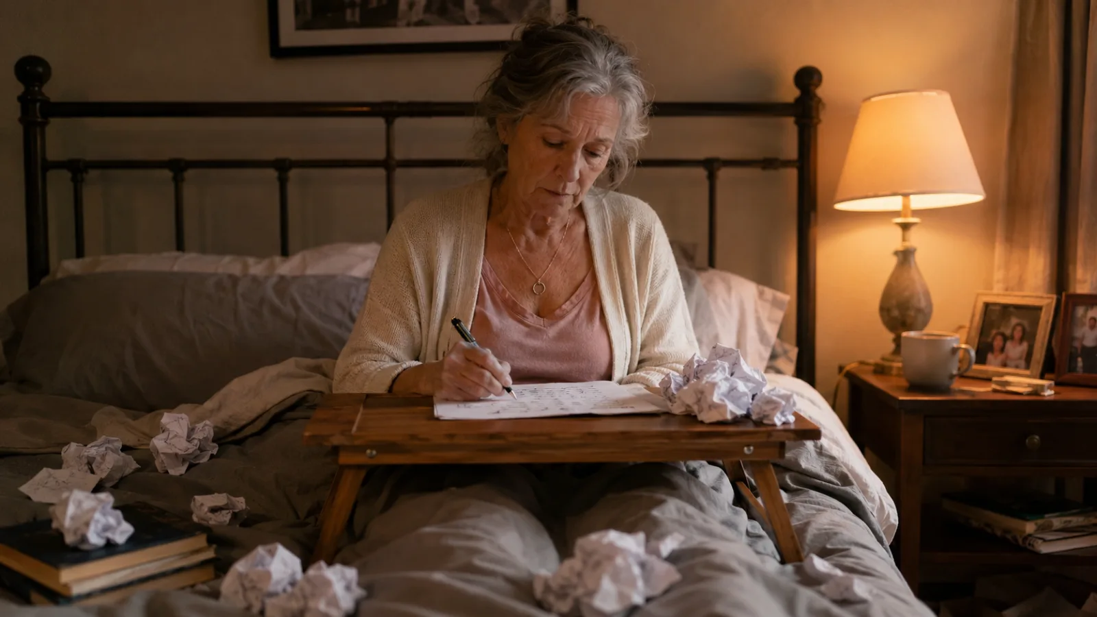 Woman writing an unsent letter in bed Woman writing an unsent letter in bed