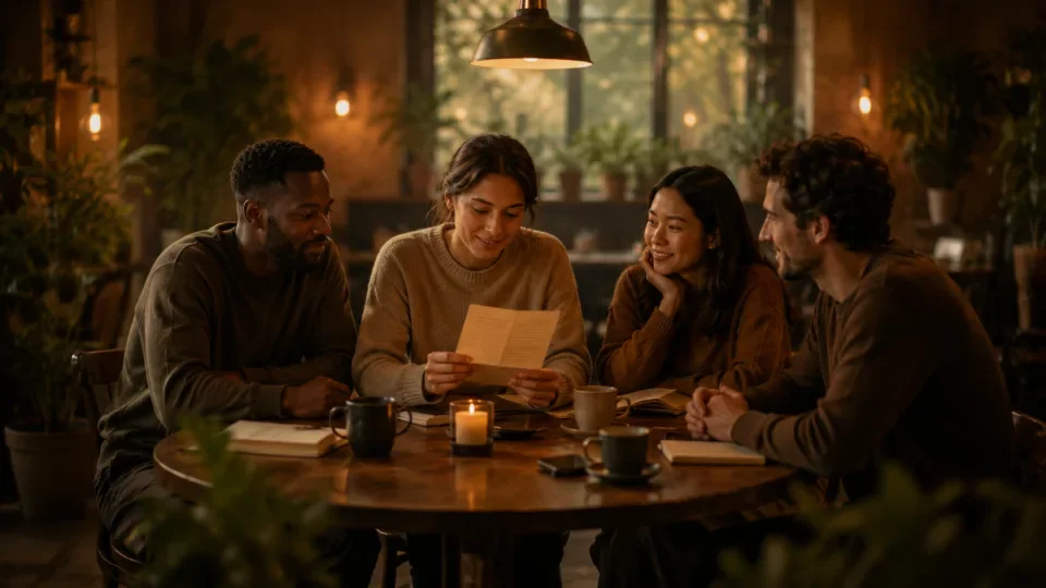 A small supportive discussion group gathered around a table reading and talking together
